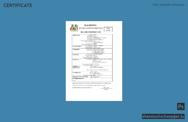 Sterbeurkunde aus Mauritius (Word und PDF), vollständig bearbeitbare Beispielvorschau